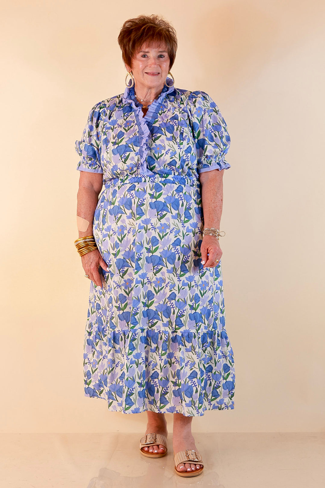 Gracefully Yours Floral Print Midi Dress with Contrast Ruffle Trim in Blue
