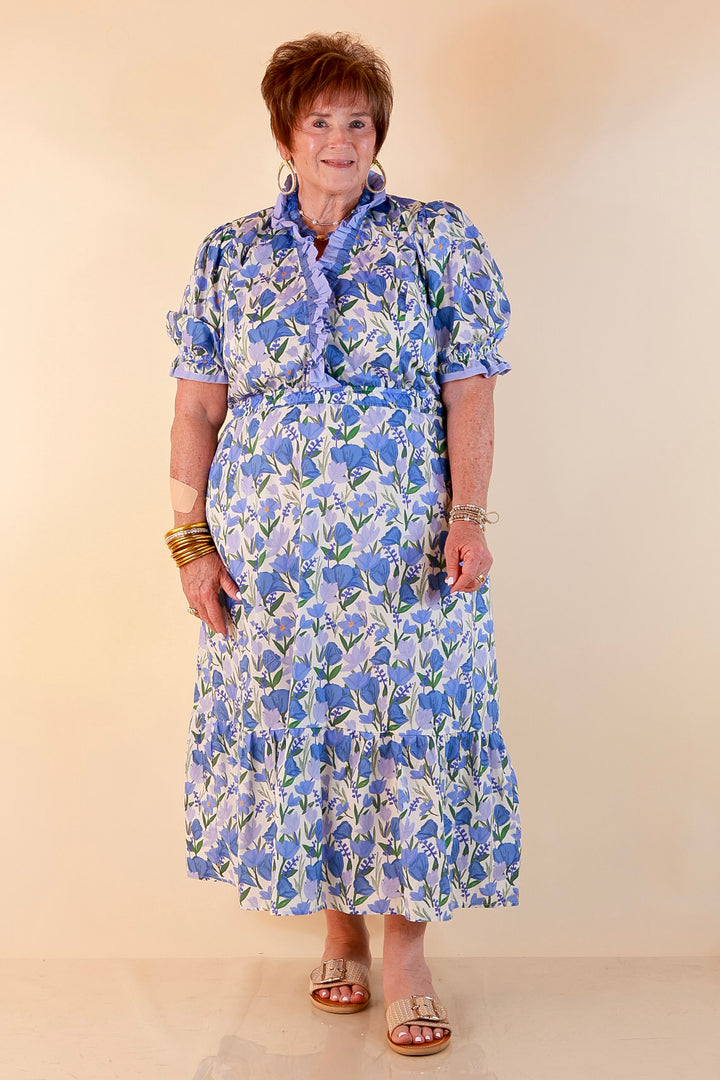 Gracefully Yours Floral Print Midi Dress with Contrast Ruffle Trim in Blue
