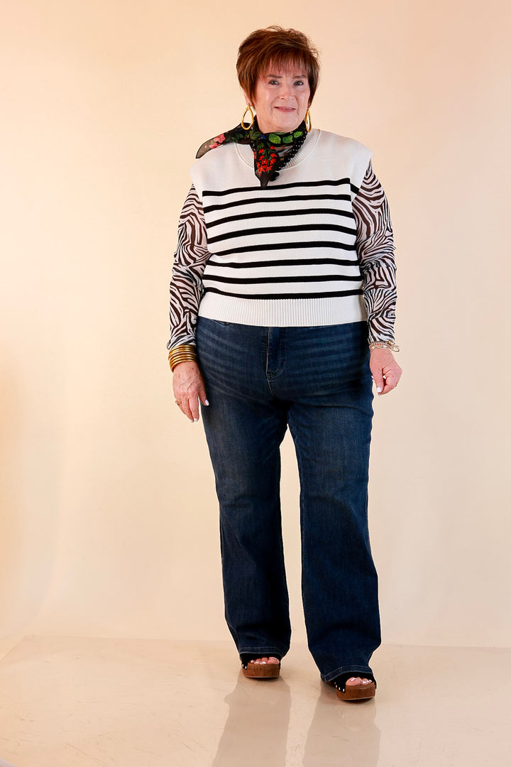 Stripe Things Up Drop Shoulder Knit Sweater in White with Black Stripes