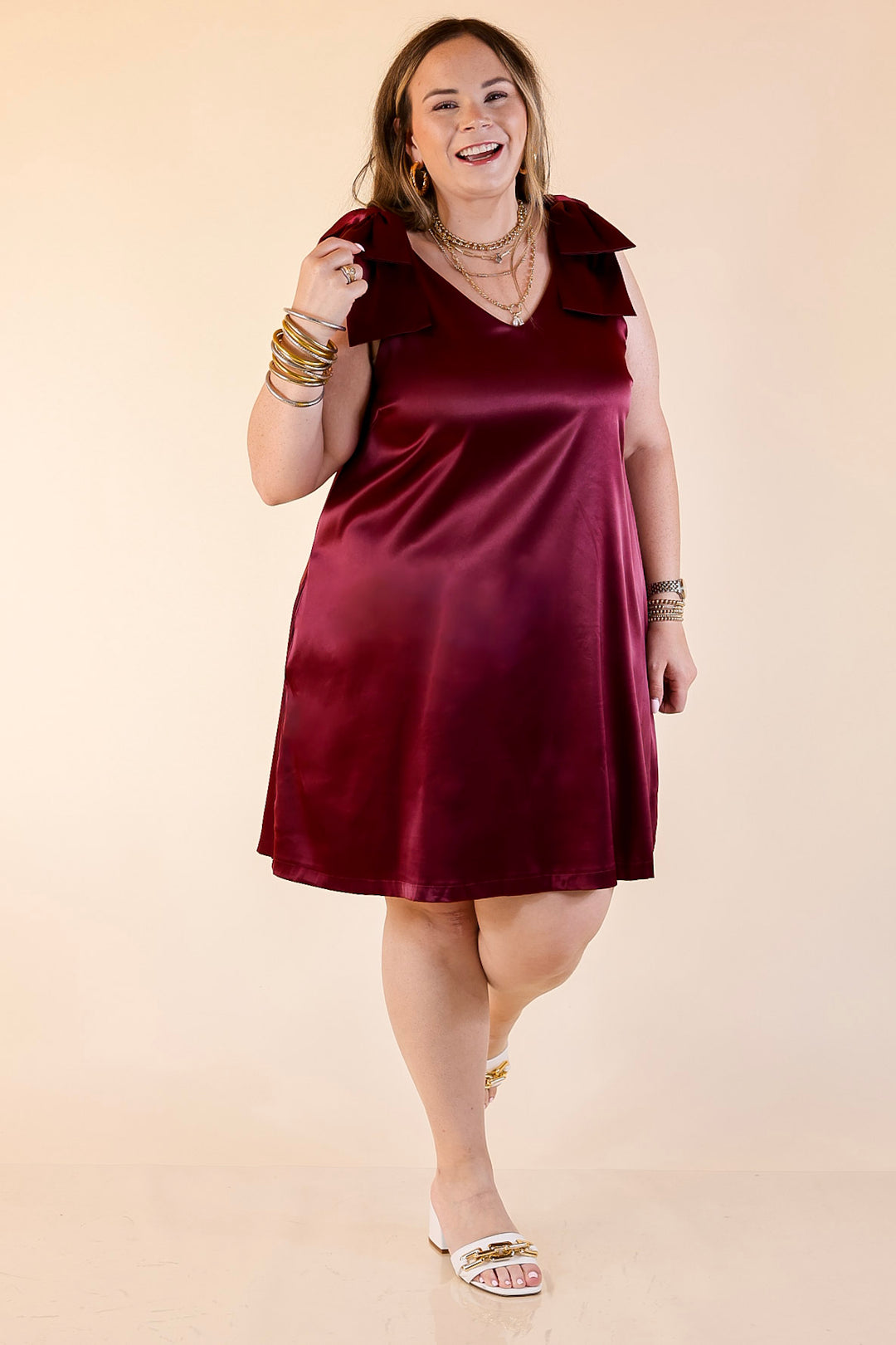 Satin Soirée V Neck Mini Dress with Bow Strap Detailing in Maroon