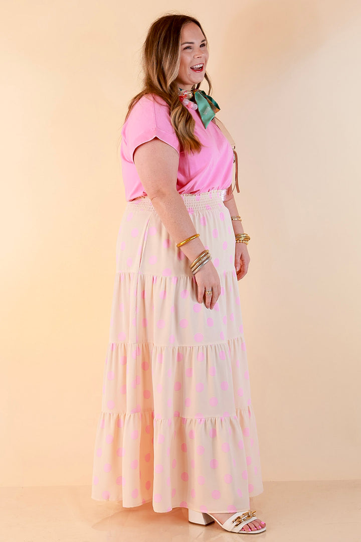 Sweet Spot Polka Dot Print Tiered Maxi Skirt with Elastic Waistband in Cream and Pink