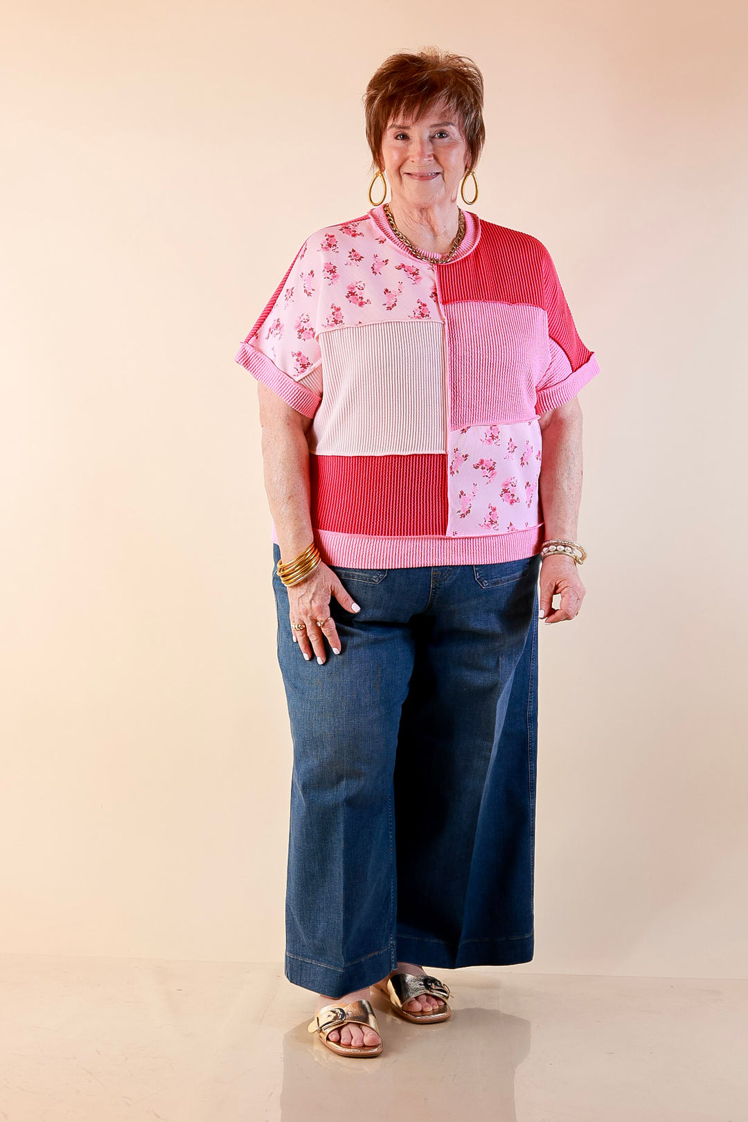 Simply Southern | Styled to a Tee Color Block Patchwork Ribbed Short Sleeve Top in Pink Mix