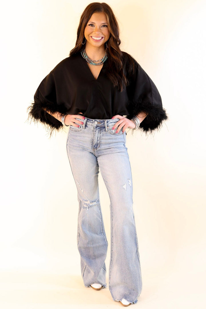 Party Plans V Neck Bodysuit with Feather Sleeves in Black