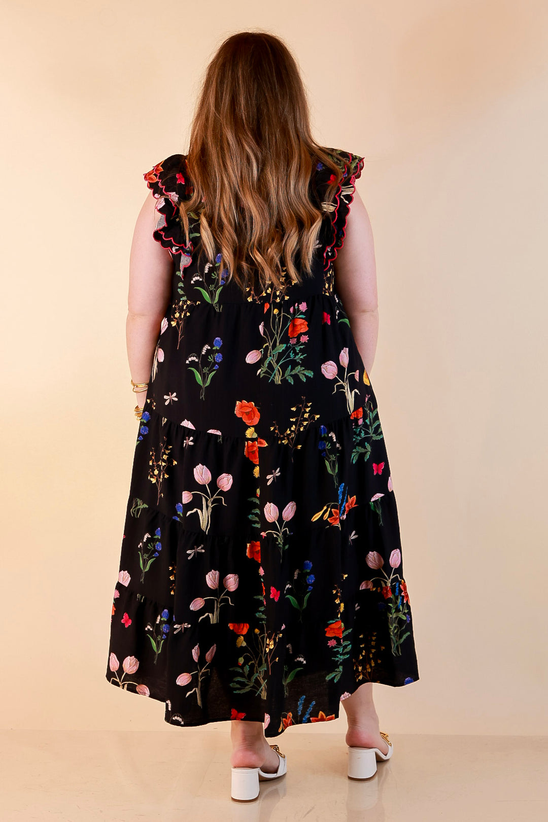 Flourishing Charm Floral Ruffle Cap Sleeve Tiered Midi Dress in Black