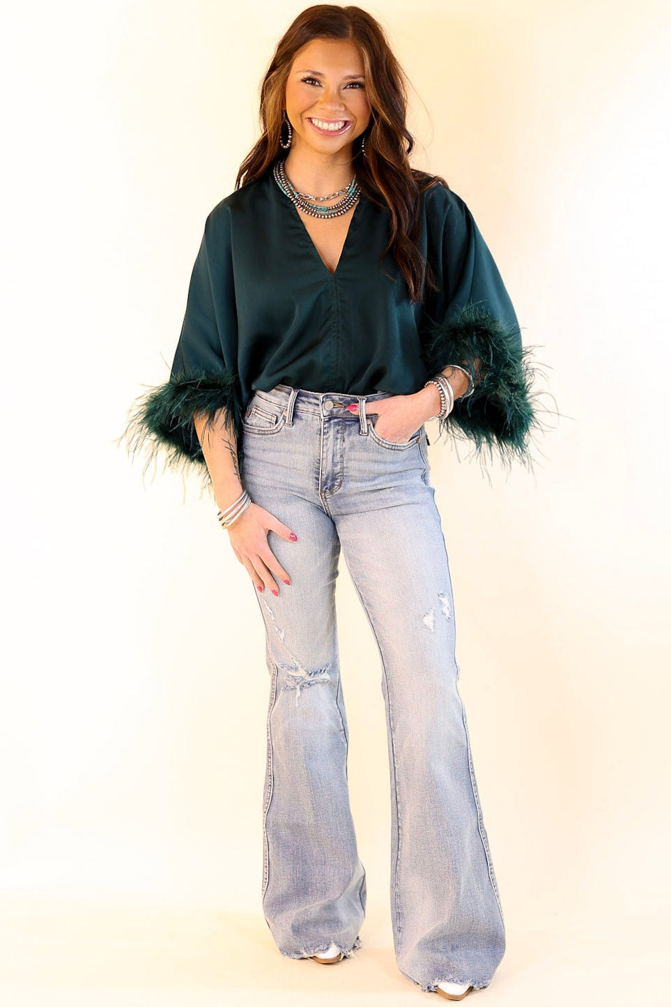 Party Plans V Neck Bodysuit with Feather Sleeves in Teal