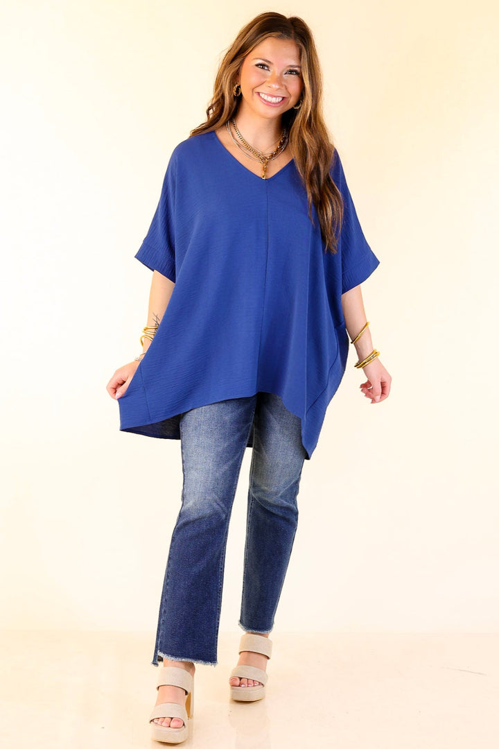 Classically Chic Short Sleeve V Neck Top in Navy