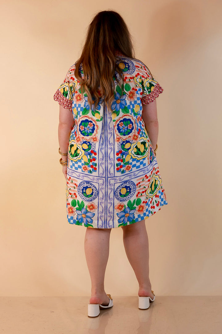 Tuscan Daydream Floral Border Print Button Front Mini Dress in Blue Multi