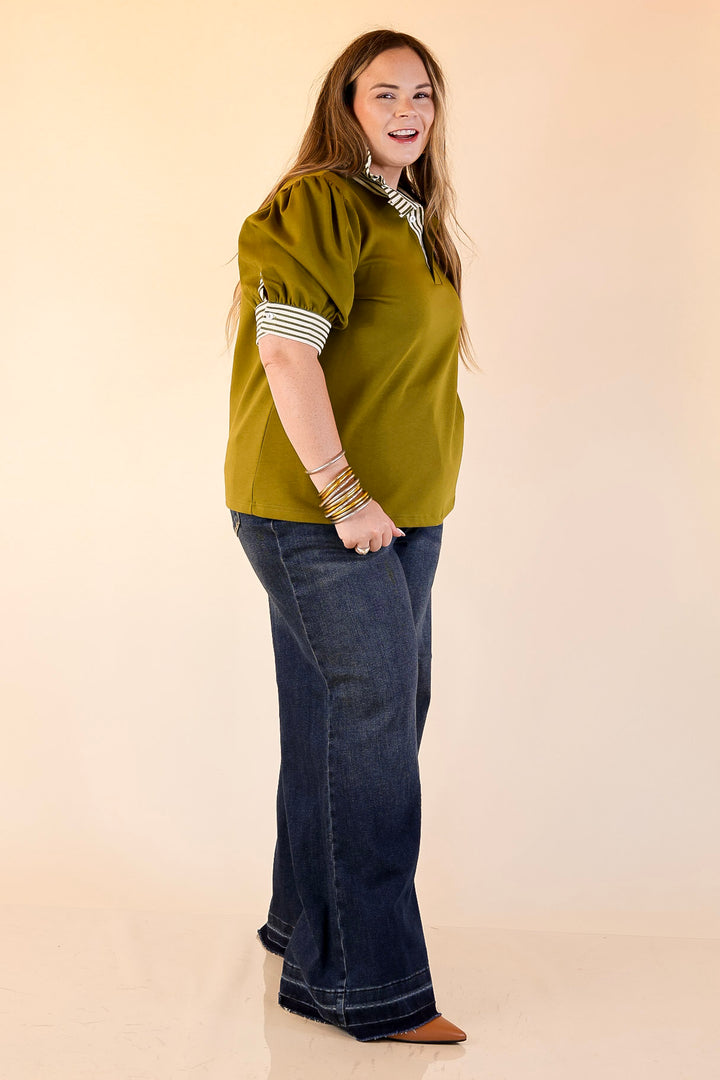 Refined Edge Short Puff Sleeve Top with Striped Collar in Olive Green