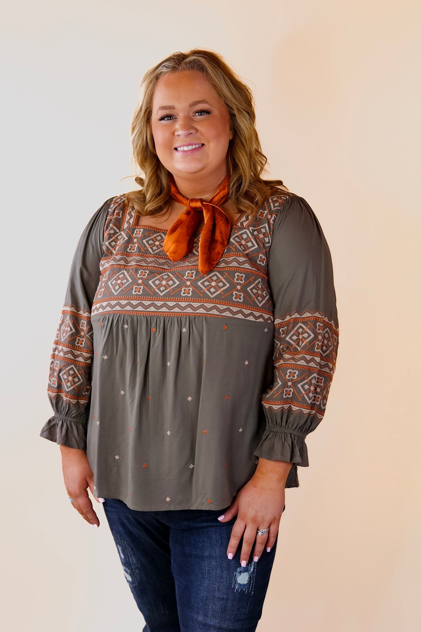 Address The Room Embroidered Square Neck Top with 3/4 Sleeves in Olive Green - Giddy Up Glamour Boutique