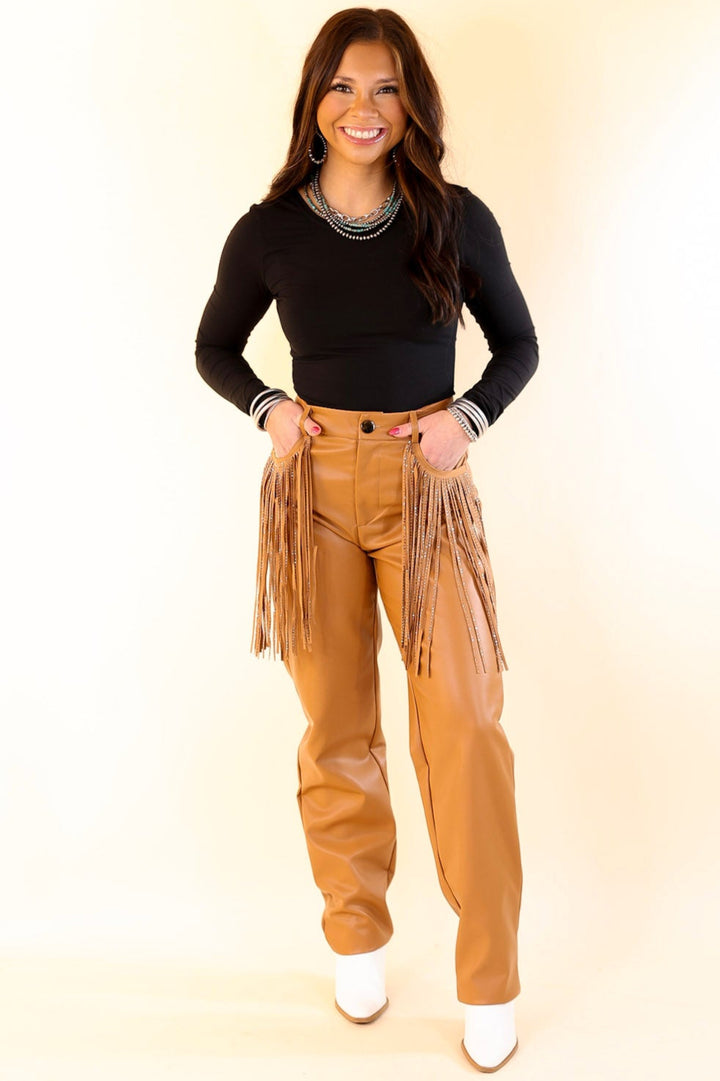 Ready Up Crystal Fringe Faux Leather Pants in Camel Brown