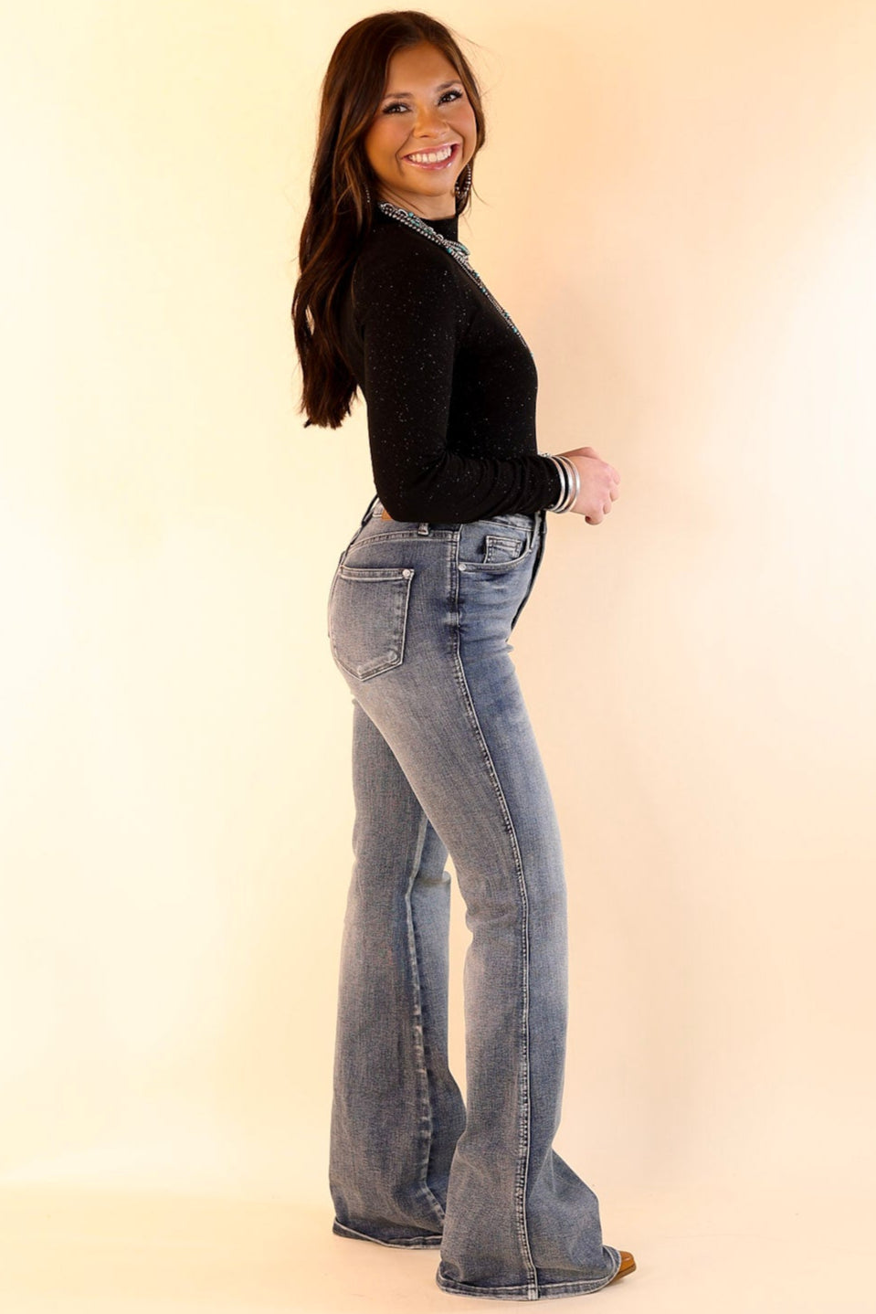 Try Your Luck Glitter Mesh Long Sleeve Bodysuit in Black