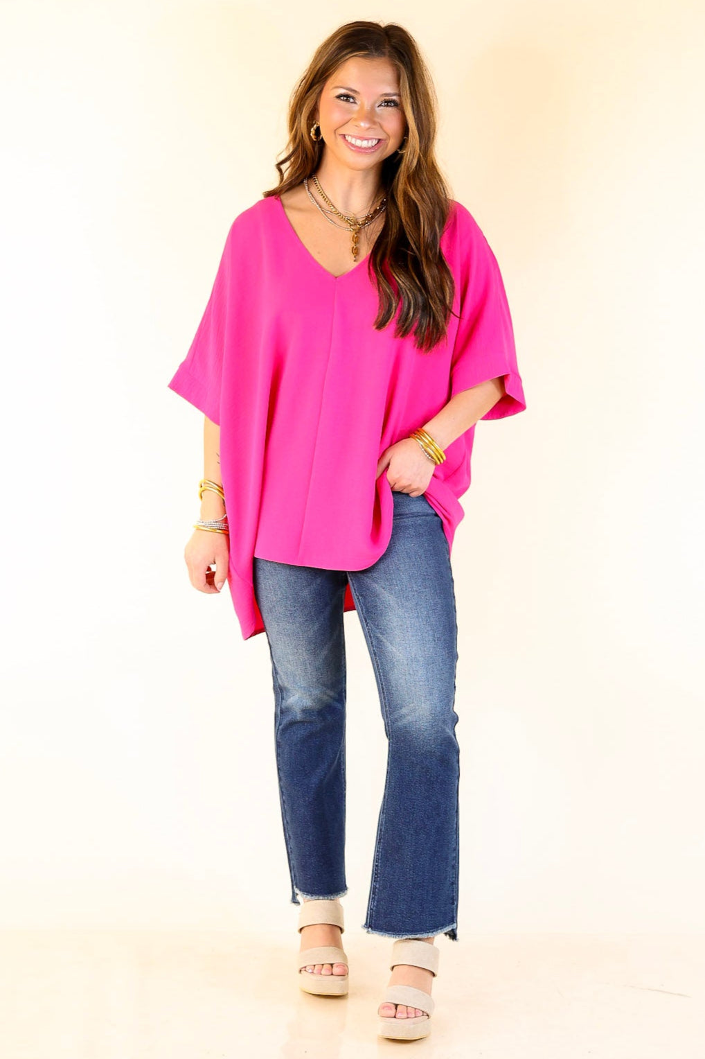 Classically Chic Short Sleeve V Neck Top in Hot Pink
