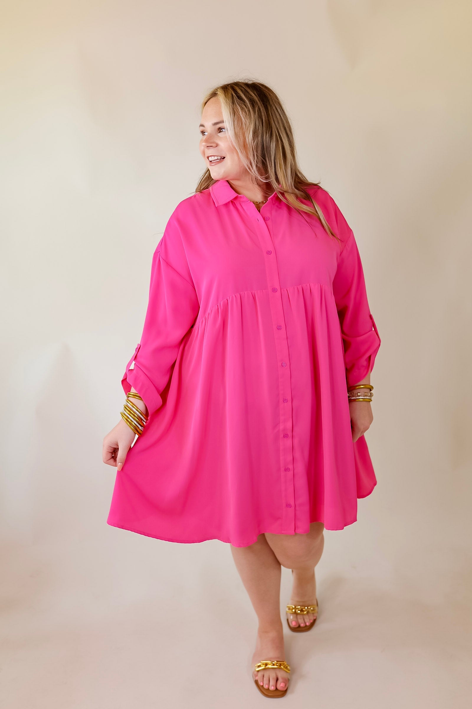 Risky Business Button Up Babydoll Dress in Pink - Giddy Up Glamour Boutique