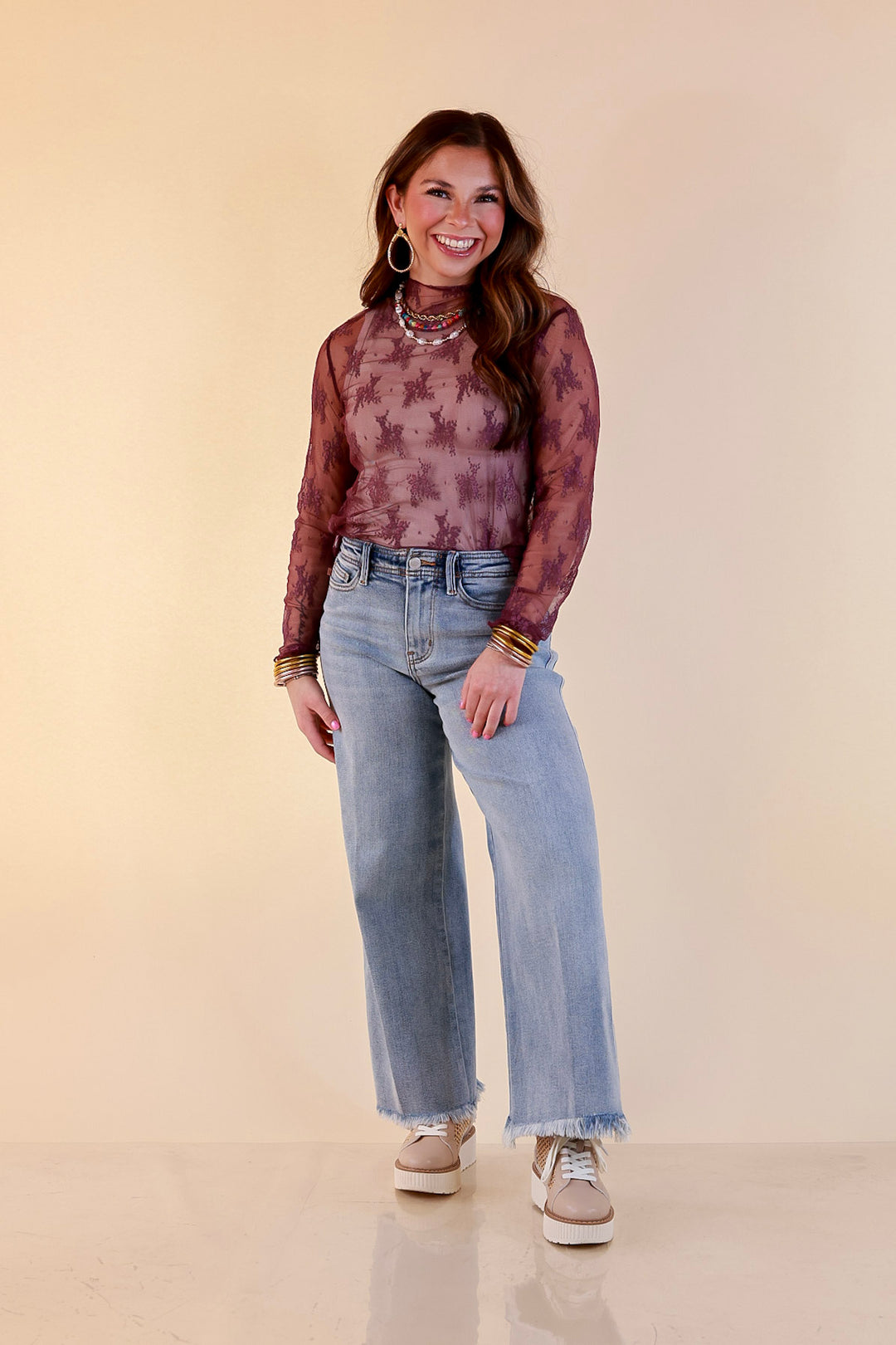 Delicate Charm Long Sleeve Sheer Lace Top with Mock Neck in Dark Purple