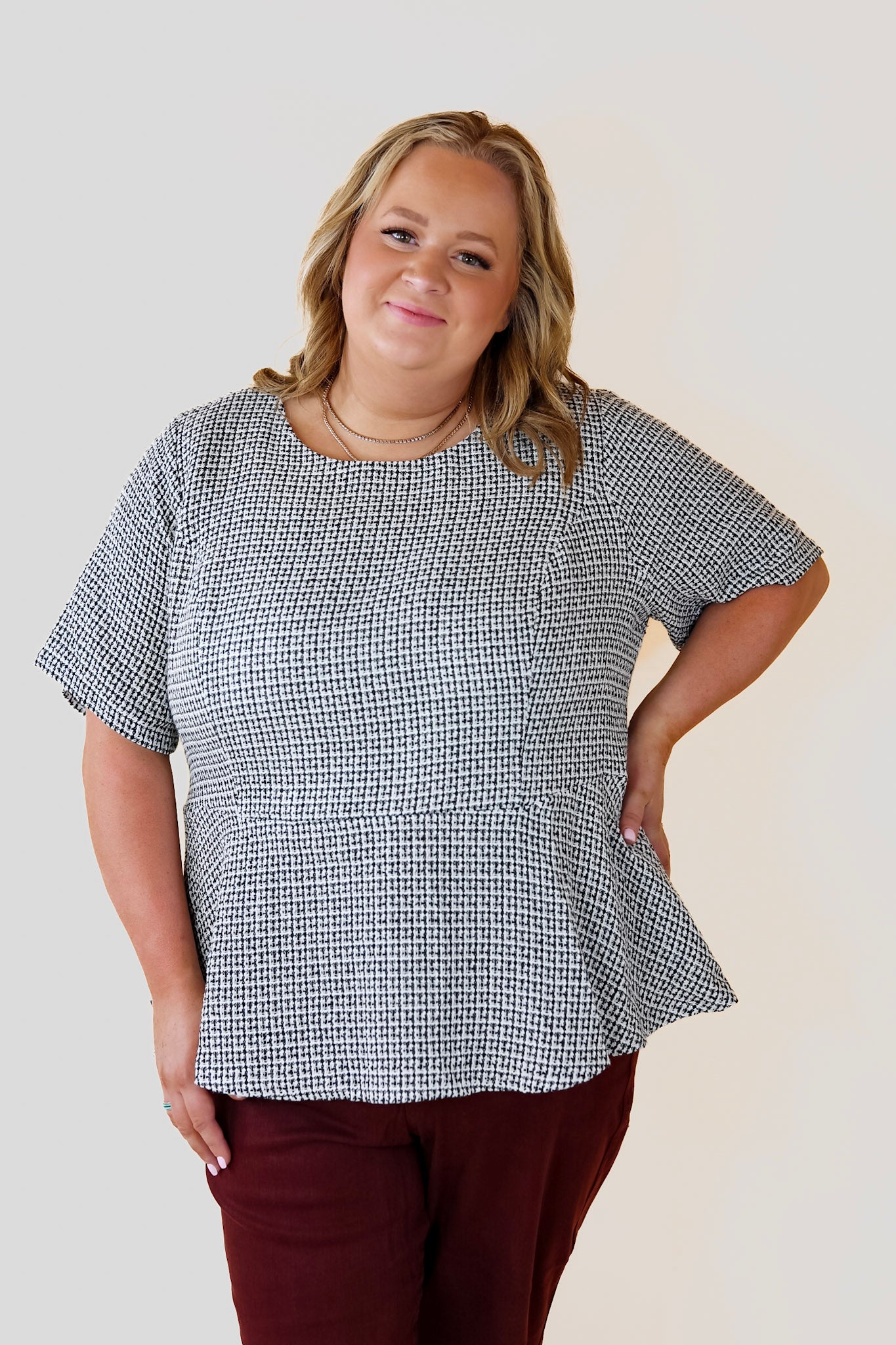 Back and Better Tweed Peplum Top with Short Sleeves in Black and White - Giddy Up Glamour Boutique