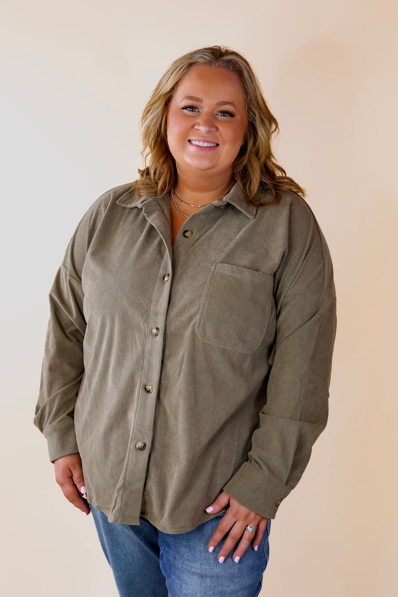 Captivating Cuteness Corduroy Button Up Shacket in Olive Green - Giddy Up Glamour Boutique