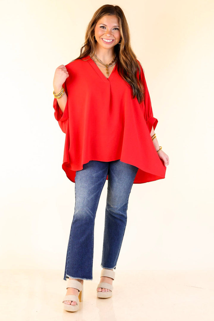 Elevated Basics V Neck Top with Half Sleeves in Ruby