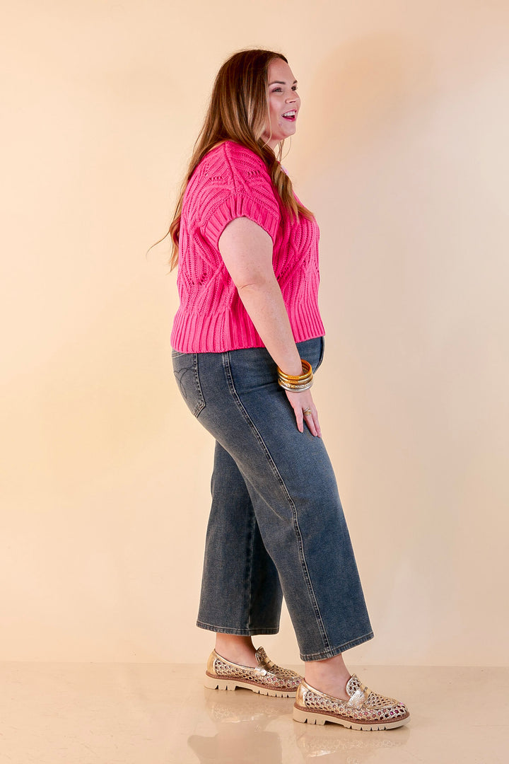 Knit to Last Cable Knit Short Sleeve Sweater Top in Hot Pink