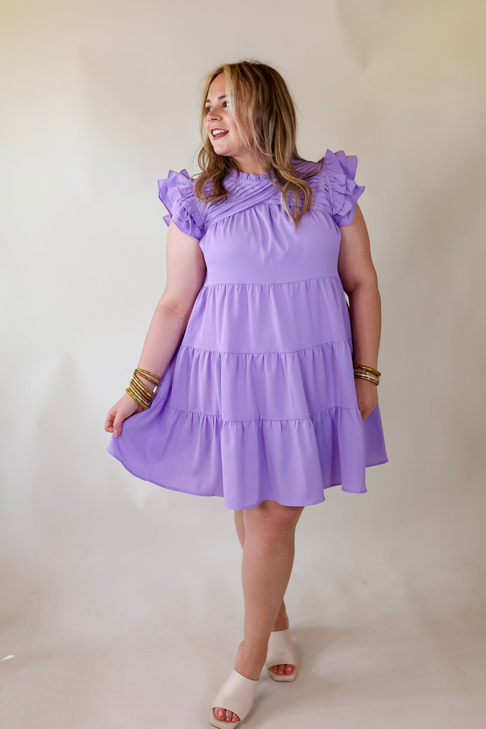 Chic On Scene Ruffle Tiered Dress with Pleated Detailing in Lavender Purple - Giddy Up Glamour Boutique