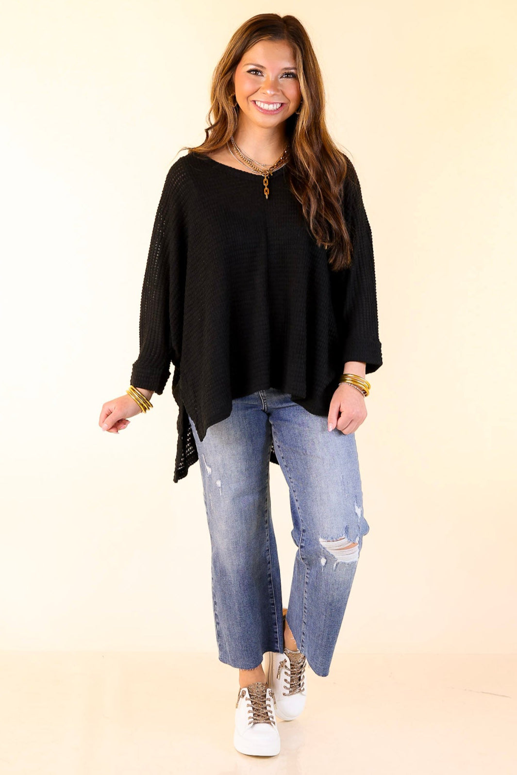Breezy Intuition 3/4 Cuffed Sleeves Waffle Net Blouse In Black