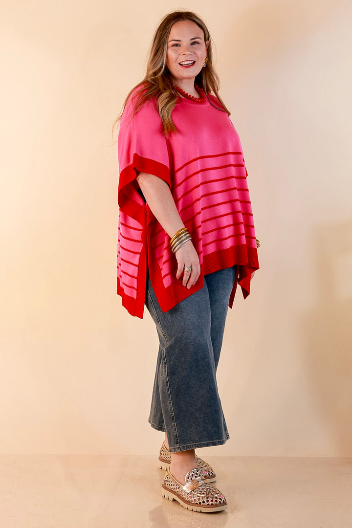 Casual to Chic Short Sleeve Striped Poncho Top in Pink and Red