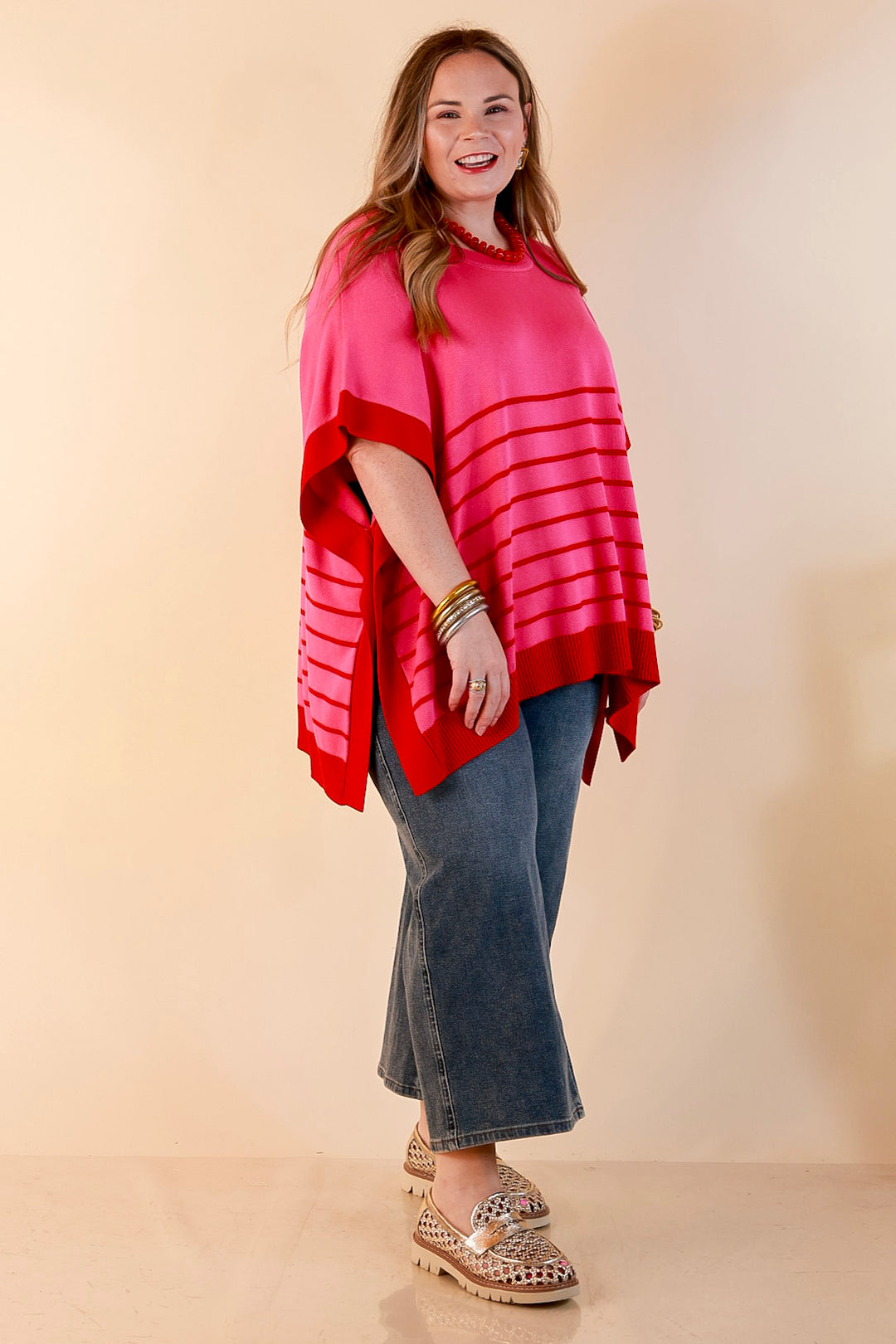 Casual to Chic Short Sleeve Striped Poncho Top in Pink and Red
