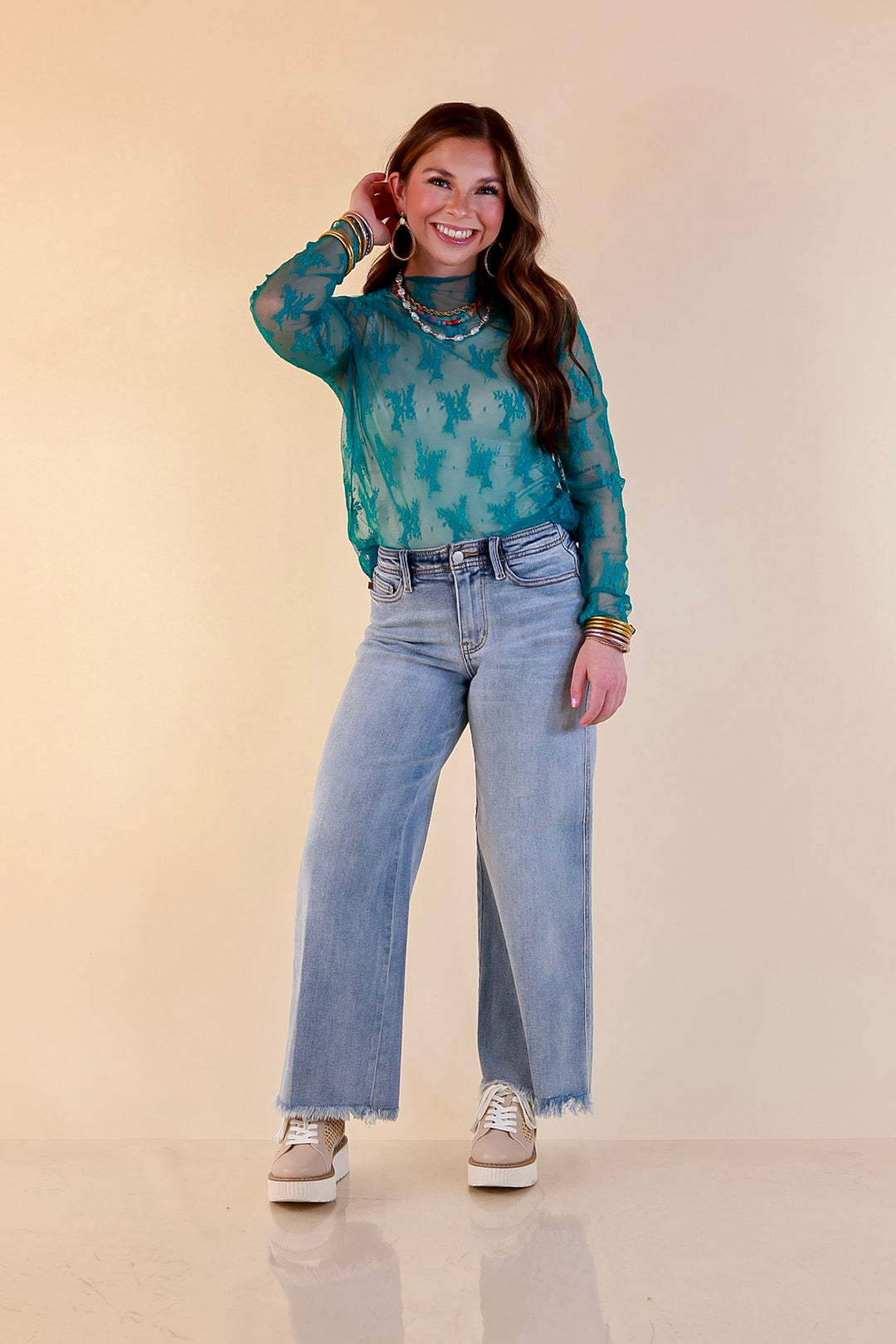 Delicate Charm Long Sleeve Sheer Lace Top with Mock Neck in Turquoise Blue