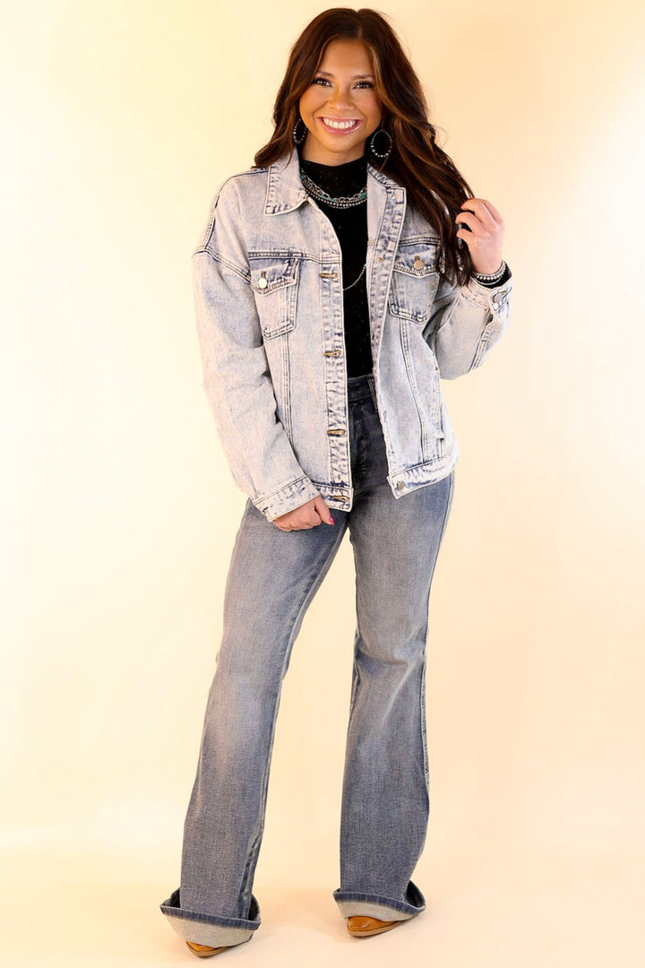 Take A Minute Crystal Front Pocket Denim Jacket in Light Wash