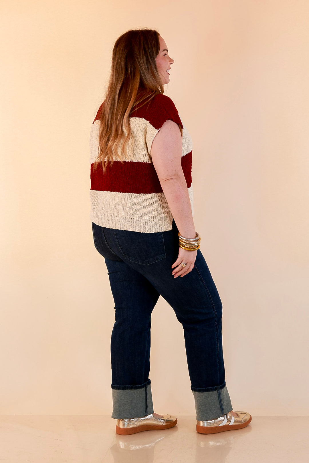 The Style Standard Striped Sleeveless Sweater Knit Top in Burgundy and Ivory