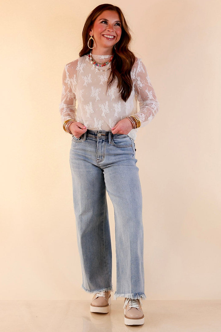 Delicate Charm Long Sleeve Sheer Lace Top with Mock Neck in Ivory