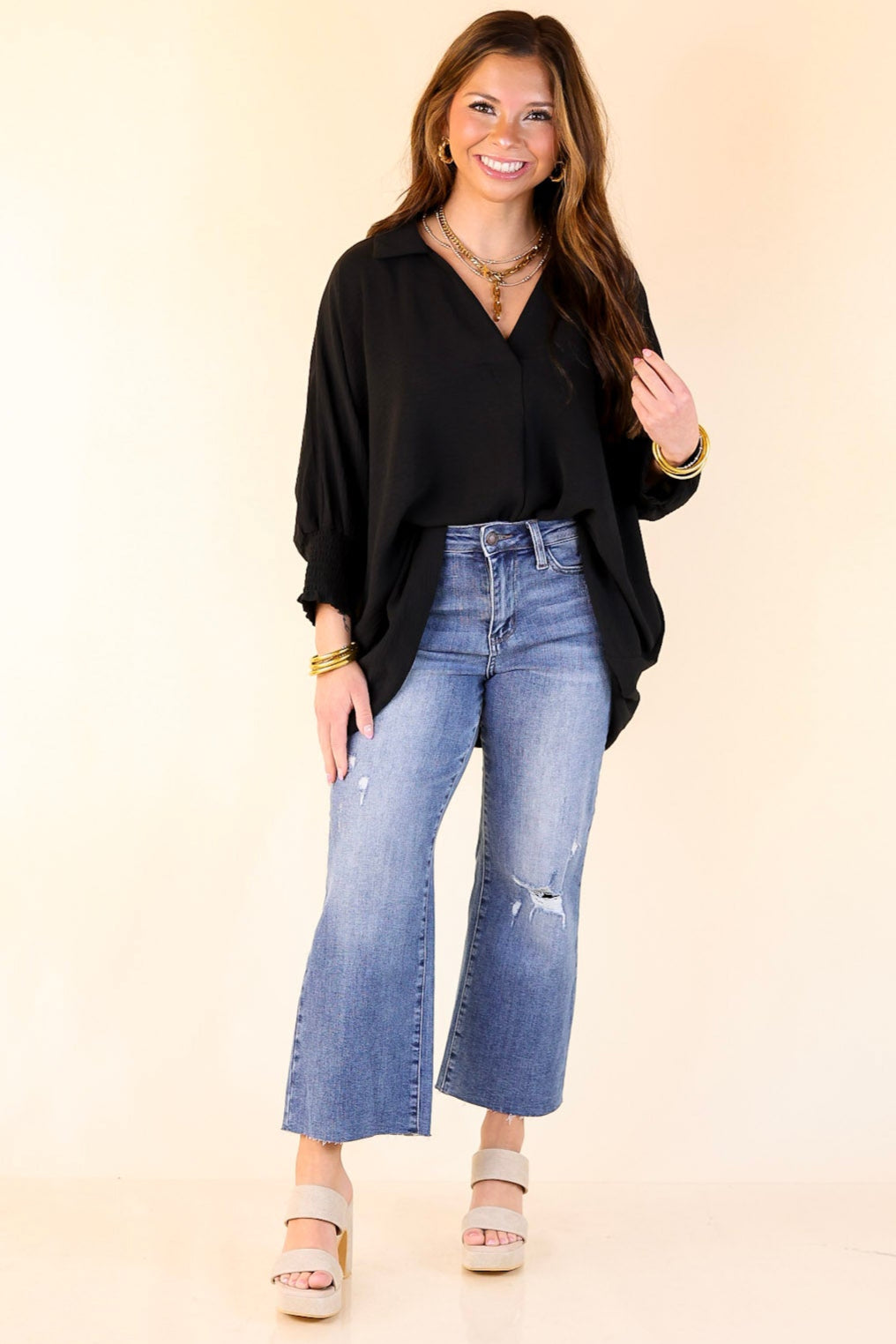 Spoken In Style Collared Blouse with Smoked Sleeve Band in Black