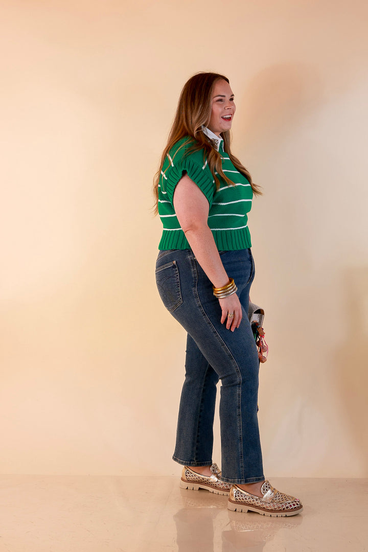 Sweet in Stripes Short Sleeve Striped Mock Neck Sweater in Kelly Green