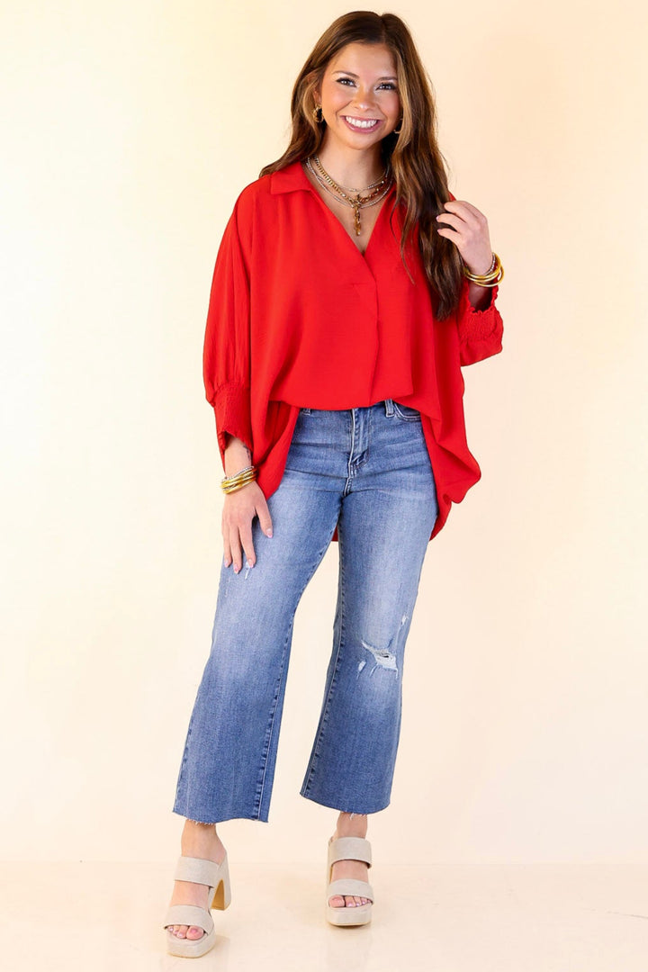 Spoken In Style Collared Blouse with Smoked Sleeve Band in Ruby