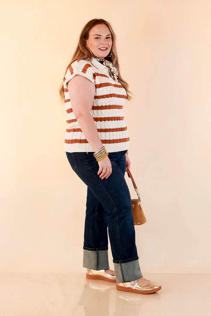 Signature Stripe Drop Shoulder Cable Knit Collared Polo Top in Ivory with Camel Brown Stripes