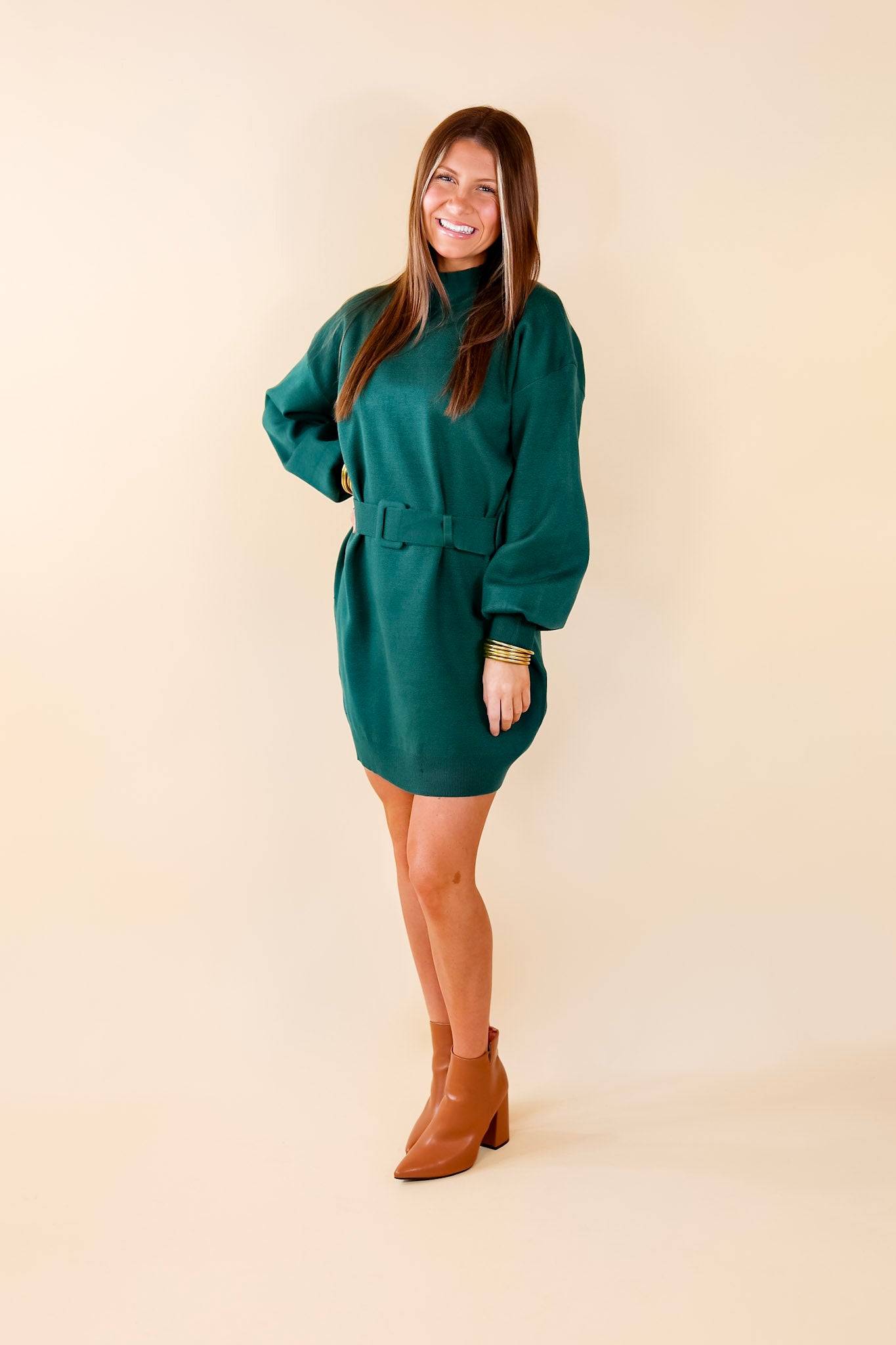 Luxurious Life Sweater Dress with Belt in Hunter Green