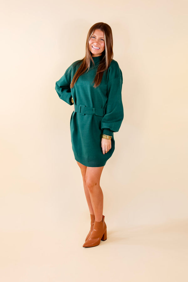 Luxurious Life Sweater Dress with Belt in Hunter Green