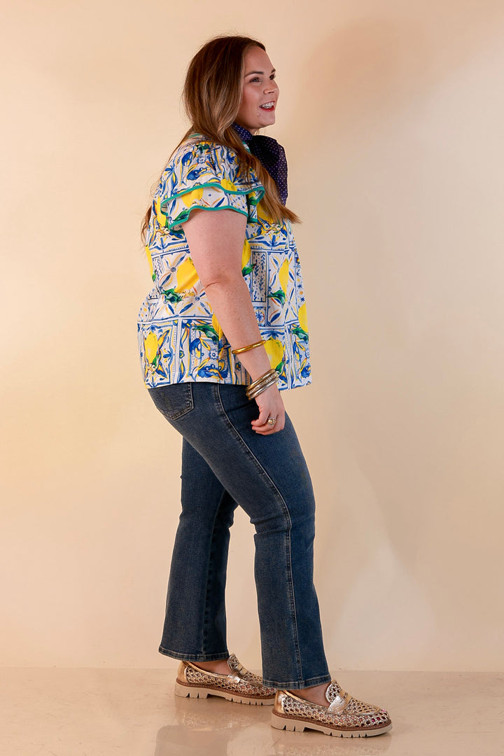 Amalfi Afternoon Lemon Tile Print Flutter Sleeve Split Neck Top in Ivory, Blue and Yellow