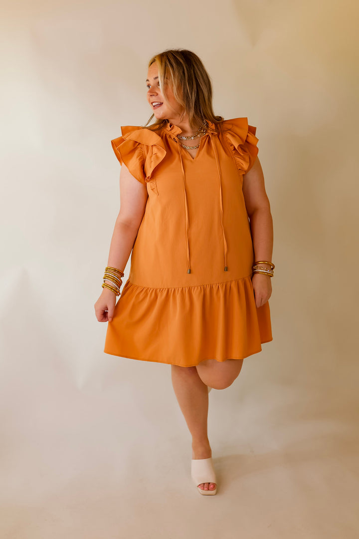 Powerful Love Ruffle Cap Sleeve Dress with Keyhole and Tie Neckline in Sunset Orange - Giddy Up Glamour Boutique