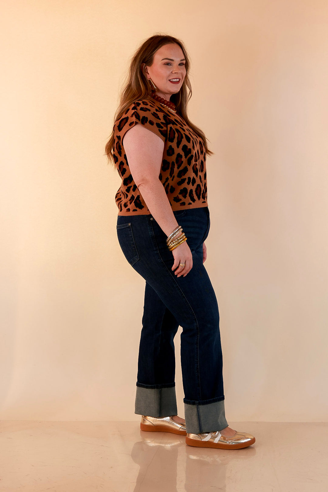 Natural Instinct Leopard Print V-Neck Sweater Knit Top in Camel and Black