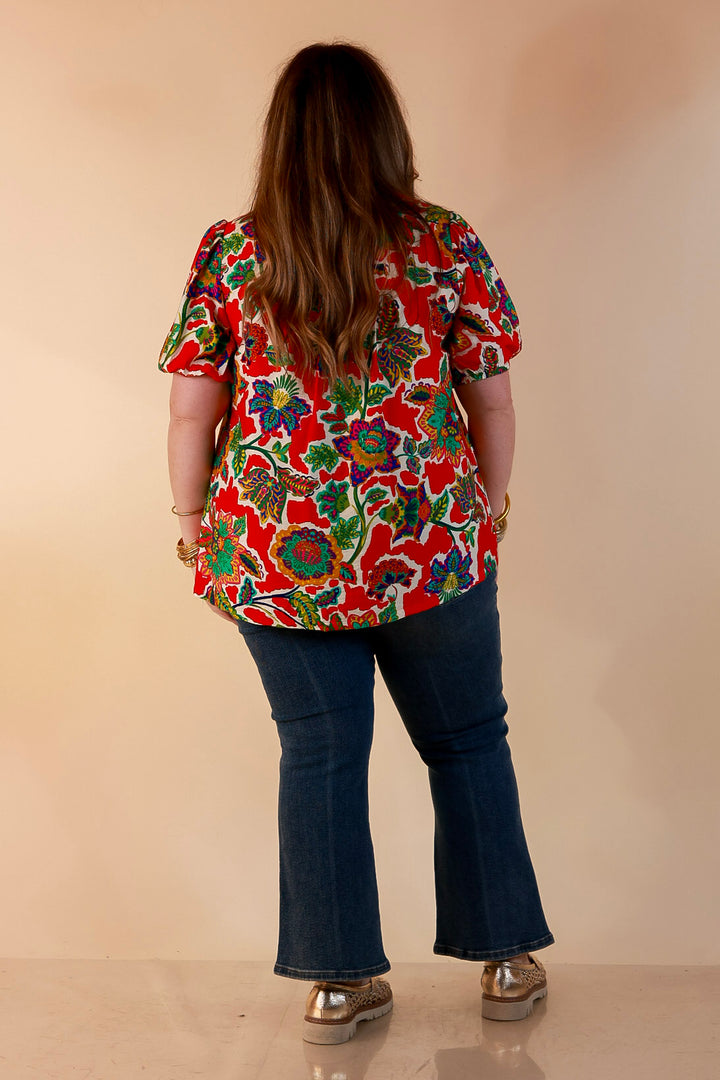 Petal Pop Floral Print Ruffle Front Button Up Top with Puff Sleeves in Red