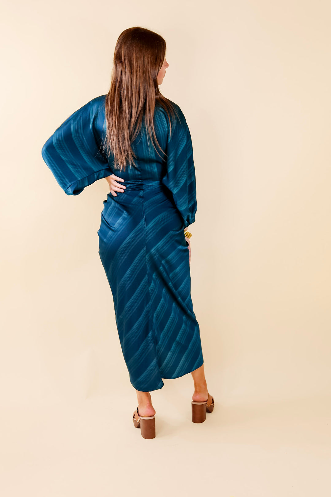 Decisions To Make Button Up Midi Dress in Dark Teal Blue - Giddy Up Glamour Boutique