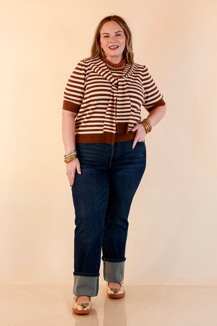 Leading Lady Faux Sweater Tie Detail Short Sleeve Striped Knit Top in Brown and Ivory