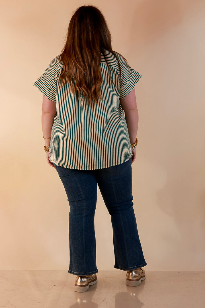 Closet Essential Striped Button Up Short Sleeve Collared Top in Green