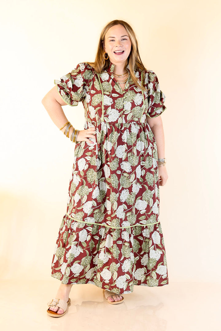 Petals & Poetry Hydrangea Floral Puff Sleeve Tiered Maxi Dress in Maroon