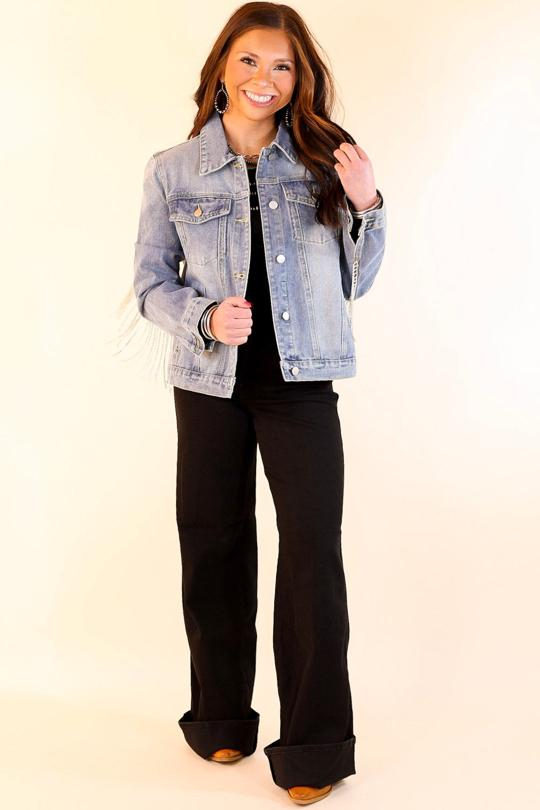 Rhinestone Fringe Denim Jacket in Medium Wash Giddy Up Glamour Boutique Rhinestone Fringe Denim Jacket in Medium Wash Giddy Up Glamour Boutique