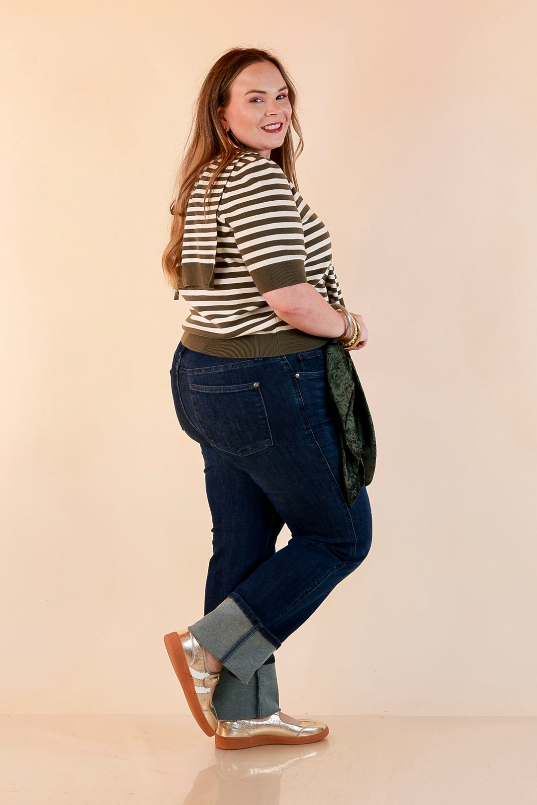 Leading Lady Faux Sweater Tie Detail Short Sleeve Striped Knit Top in Olive and Ivory