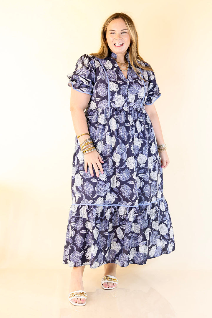 Petals & Poetry Hydrangea Floral Puff Sleeve Tiered Maxi Dress in Navy Blue