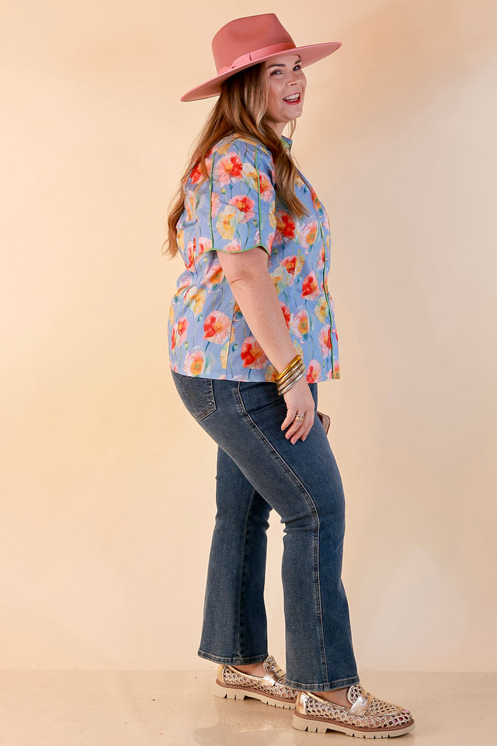 Petals and Plans Poppy Floral Print Button Up Collar Blouse in Dusty Blue