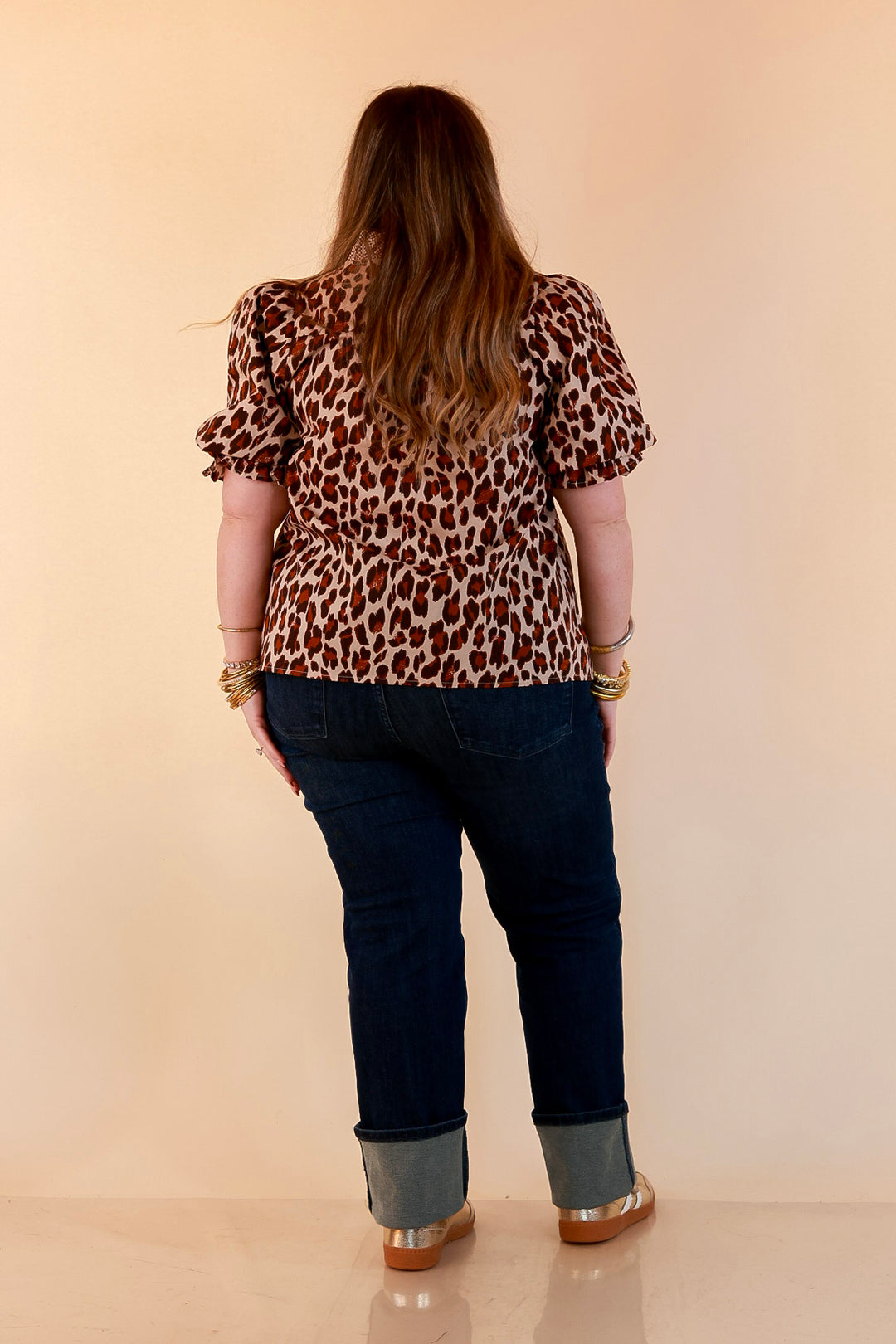 Catch the Compliments Puff Sleeve Ruffle Trim Leopard Print Statement Top in Ivory and Brown