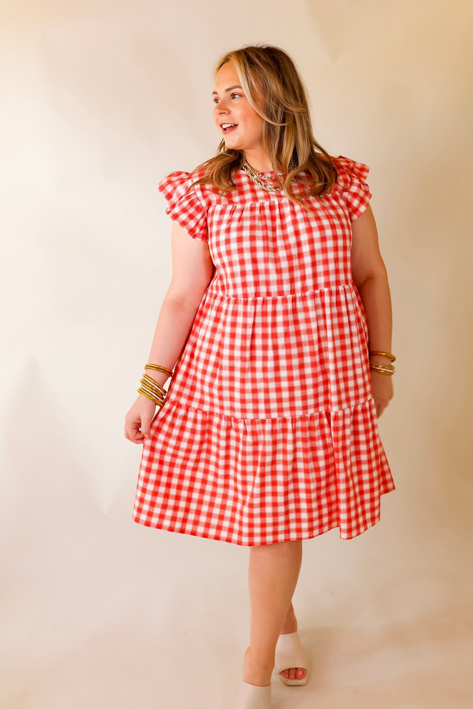 Sunny Pier Gingham Dress with Ruffle Cap Sleeves in Coral Red and White - Giddy Up Glamour Boutique